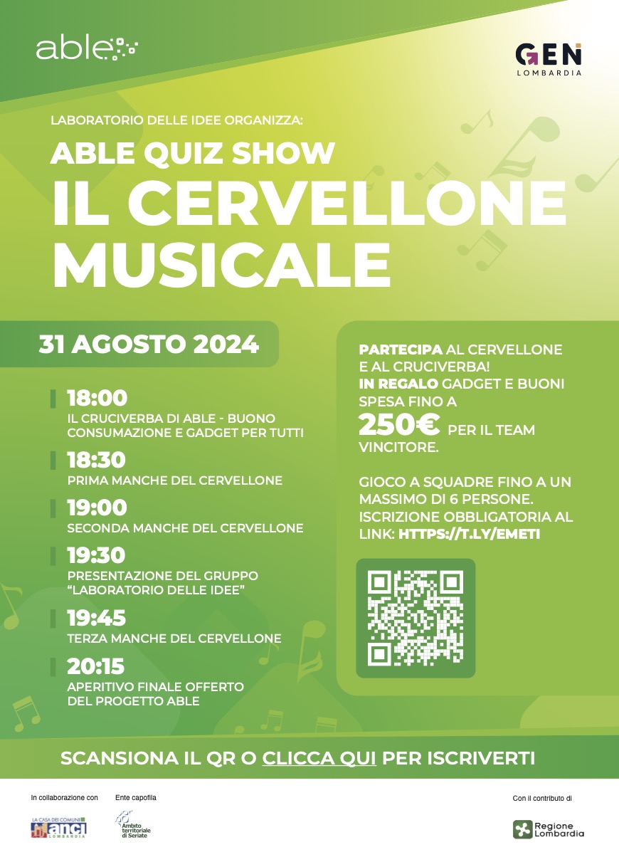 Programma dell'evento ABLE Quiz Show. Il Cervellone Musicale